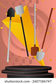 Mockup product display with Spade, Shovel. Vector cylinder pedestal podium. Stage showcase for presentation. Minimal geometric forms.
