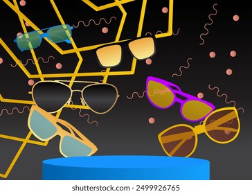 Mockup product display with Sunglasses. Vector cylinder pedestal podium. Stage showcase for presentation. Minimal geometric forms.