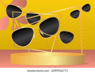 Produktdarstellung mit Sonnenbrille. Podium des Vektor-Zylindersockels. Bühnenpräsentation zur Präsentation. Minimale geometrische Formen.