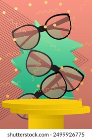 Mockup product display with Sunglasses. Vector cylinder pedestal podium. Stage showcase for presentation. Minimal geometric forms.