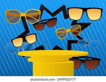 Mockup product display with Sunglasses. Vector cylinder pedestal podium. Stage showcase for presentation. Minimal geometric forms.
