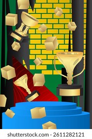 Mockup product display with Trophy Cup. Vector cylinder pedestal podium. Stage showcase for presentation. Minimal geometric forms.