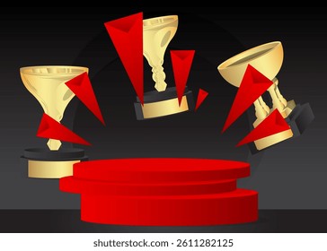 Mockup product display with Trophy Cup. Vector cylinder pedestal podium. Stage showcase for presentation. Minimal geometric forms.