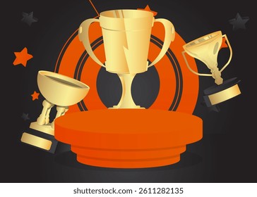Mockup product display with Trophy Cup. Vector cylinder pedestal podium. Stage showcase for presentation. Minimal geometric forms.