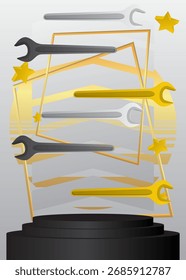 Maquete a exposição do produto com chave inglesa. Pódio pedestal do cilindro vetorial. Exibição de palco para apresentação. Formas geométricas mínimas.