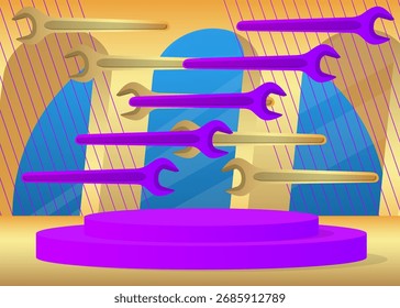Mockup product display with  Wrench. Vector cylinder pedestal podium. Stage showcase for presentation. Minimal geometric forms.