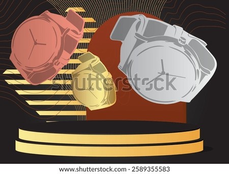 Mockup product display with wristwatch. Vector cylinder pedestal podium. Stage showcase for presentation. Minimal geometric forms.