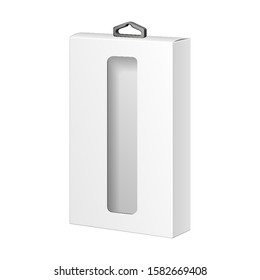 Mockup Product Package Cardboard Plastic Box With Hang Slot And Rectangular Window. Illustration Isolated On White Background. Mock Up Template Ready For Your Design. Vector EPS10