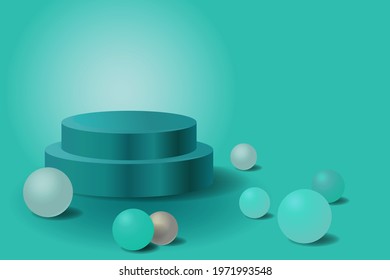 Mockup for product presentation. Podium with realistic spheres. 3D render with turquoise abstract scene. Vector illustration.