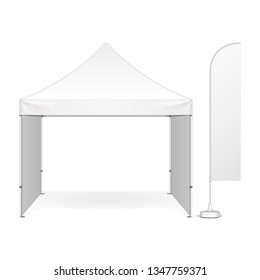 Mockup Promotional Advertising Outdoor Event Trade Show Pop-Up Tent Mobile MarqueeWith Feather Blade Straight Flag. Front View. Illustration Isolated On White Background. Mock Up Template.