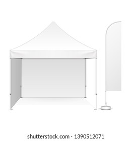 Mockup Promotional Advertising Outdoor Event Trade Show Pop-Up Tent Mobile MarqueeWith Feather Blade Straight Flag. Front View. Illustration Isolated On White Background. Mock Up Template.