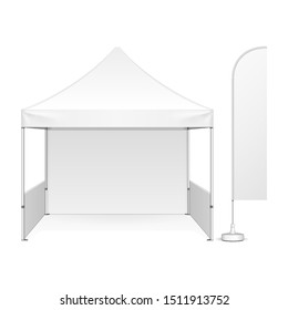 Mockup Promotional Advertising Outdoor Event Trade Show Pop-Up Tent Mobile MarqueeWith Feather Blade Straight Flag. Front View. Illustration Isolated On White Background. Mock Up Template.