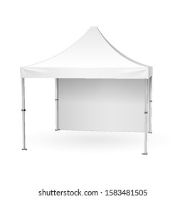 Mockup Promotional Advertising Outdoor Event Trade Show Pop-Up Tent Mobile Marquee. Front View. Illustration Isolated On White Background. Mock Up Template Ready For Your Design. Vector EPS10