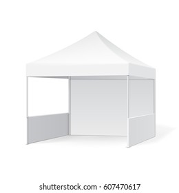 Mockup Promotional Advertising Outdoor Event Trade Show Pop-Up Tent Mobile Marquee. Illustration Isolated On White Background. Mock Up Template Ready For Your Design. Vector EPS10