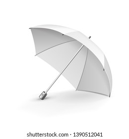 Mockup Promotional Advertising White Umbrella Parasol. Mock Up, Template. Illustration Isolated On White Background. Ready For Your Design. Product Advertising. Vector EPS10