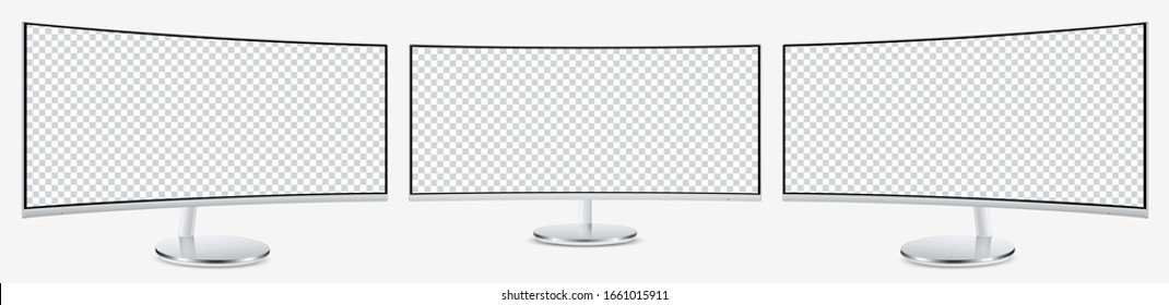 Mockup QLED curved display monitor on three sides with blank screens for your design. Vector illustration EPS10