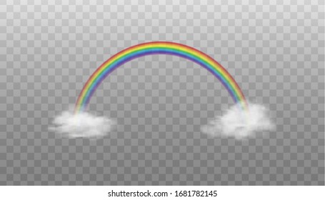 Mockup of rainbow colorful arch basing on clouds, realistic vector illustration isolated on transparent background. Spectrum sky arc colors element of rainy weather.