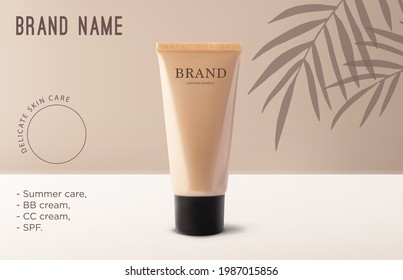 Mockup realistic 3d tube makeup foundation cream on beige background with tropical coconut palm tree leaves shadow