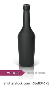 Mockup realistic black bottles of cognac on a white background with reflection and shadow. Template for label design.