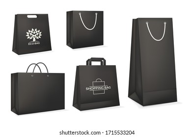 Mockup realistic black paper eco package bag templates. Brand clean, corporate identity blank packaging, eco paper shopping bag. Market shopping bag paper branding packaging template vector