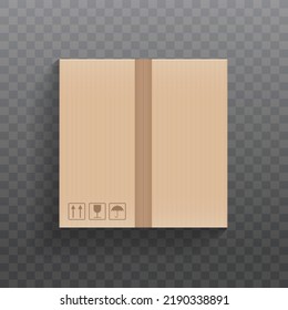 Mockup of a realistic cardboard box in a closed form isolated on a transparent background. Vector illustration.