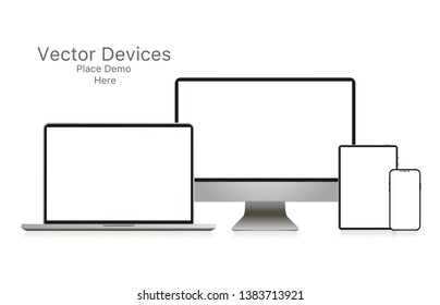 Mockup realistic device. Set of laptop, tablet, computer and phone. Vector illustration