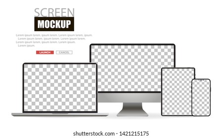 Mockup realistic device. Set of laptop, tablet, computer and phone. Vector illustration