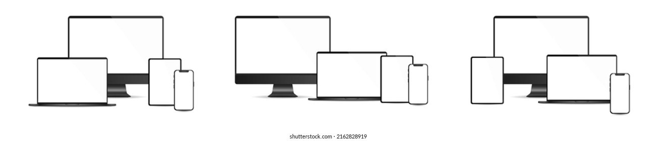 Un dispositivo realista de mockup. Juego de laptops, tablets, computadora y teléfono. Ilustración vectorial. EPS 10.