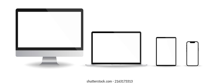 Un dispositivo realista de mockup. Juego de laptops, tablets, computadora y teléfono. Ilustración vectorial. EPS 10.