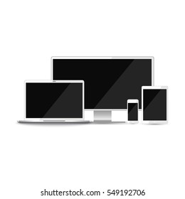Mock-up Realistic devices: mobile, tablet, laptop, pc monitor isolated on a white background. Vector illustration.
