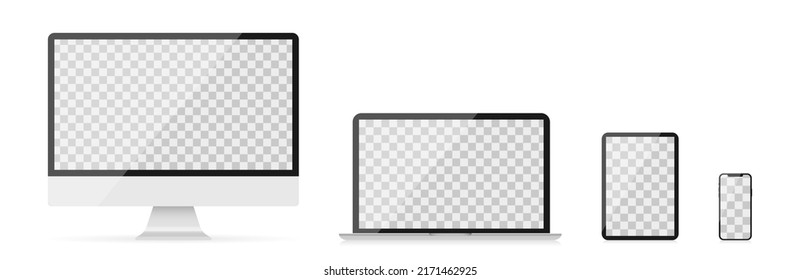 Mockup Of Realistic Devices. Screen Of Computer, Laptop, Tablet And Smartphone. Transparent Screen. Vector Illustration