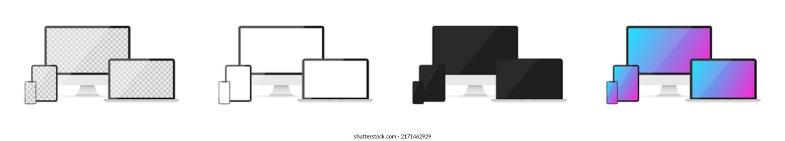 Mockup of realistic devices. Transparent and blank screen. Screen of computer, laptop, tablet and smartphone. Vector illustration
