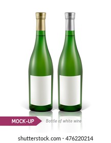 Mockup realistic gree bottle of white wine on a white background with reflection and shadow. Template for wine label design.