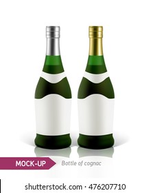 Mockup realistic green bottles of cognac on a white background with reflection and shadow. Template for label design.