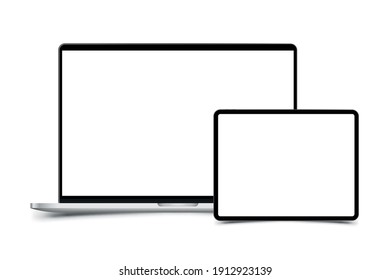 Mock-up of realistic Laptop with Tablet. Front side with screen isolated on white background with shadow. Flat vector illustration EPS 10.