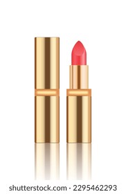 Montaje de lápiz labial rojo claro realista. Producto cosmético decorativo para el hermoso labio brillante. brillo de labios de maquillaje en color oro de palo. Plantilla en blanco del contenedor - Ilustración vectorial.