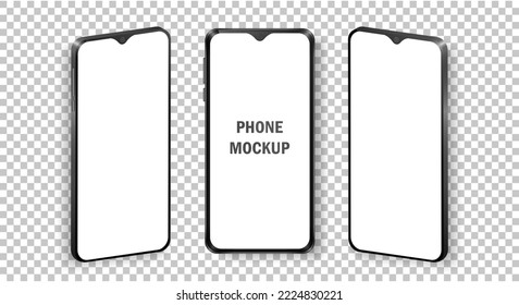 Mockup of realistic mobile phones in front and isometric view. Collection of phones with black frame and white blank screen isolated on transparent background. Modern device template for advertisement
