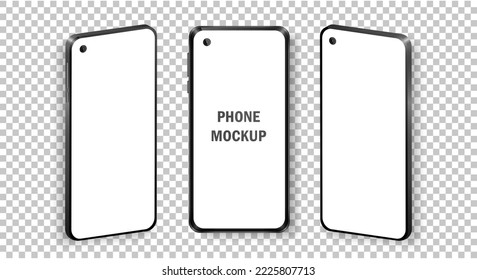 Mockup of realistic mobile phones in front and isometric view. Collection of phones with black frame and white blank screen isolated on transparent background. Modern device template for advertisement