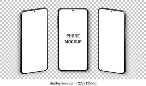 Mockup of realistic mobile phones in front and isometric view. Collection of phones with black frame and white blank screen isolated on transparent background. Modern device template for advertisement