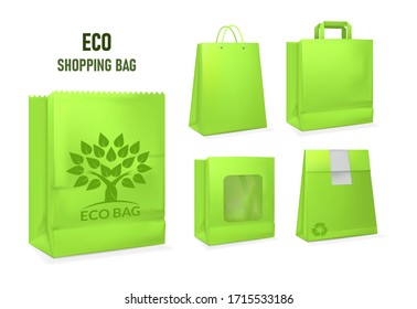 Mockup realistic paper eco package bag templates, festive boxing. Brand clean, corporate identity blank packaging, eco paper shopping bag. Market shopping bag paper branding packaging template vector