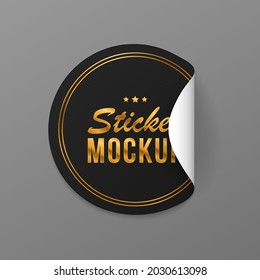 Mockup realistic paper round sticker. Black round paper adhesive sticker with peeling corner and shadow. Black tags with gold rim.