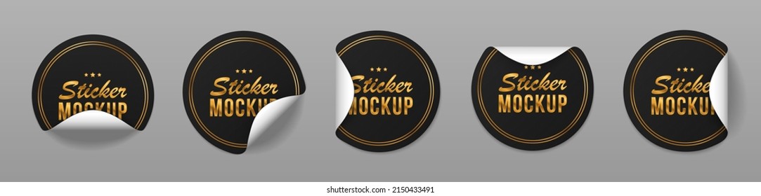 Mockup realistic paper round sticker. Black round paper adhesive sticker with peeling corner and shadow. Black tags with gold rim.