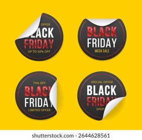 Mockup etiqueta redonda de papel realista para Black Friday. Adesivo de papel redondo preto com canto descascando e sombra. Etiquetas pretas com aro de ouro para venda.