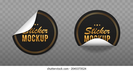 Mockup realistic paper round stickers. Black rounds papers adhesive stickers with peeling corner and shadow. Black tags with gold rim.