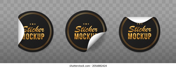 Mockup realistic paper round stickers. Black rounds papers adhesive stickers with peeling corner and shadow. Black tags with gold rim.