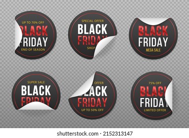 Mockup realistic paper round stickers. Black rounds papers adhesive stickers with peeling corner and shadow. 