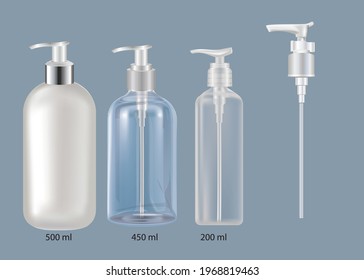 Mockup realistic plastic bottle with dispenser airless pump for lotion, soap bath, cream, shampoo, bath foam vector illustration