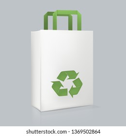 Mockup of realistic rectangular white paper bag with logotype. Corporate identity blank packaging, shopping bag. Branding packaging template with handles. Boxing for food. Vector illustration.