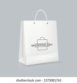 Mockup of realistic rectangular white paper bag with logotype. Corporate blank packaging, shopping bag. Branding packaging template with handles. Corporate style, brand book, grocery shopping vector