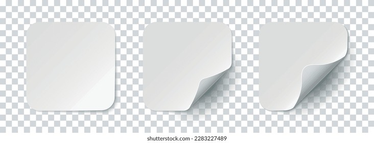 Mockup realistic square stickers with rounded corners white colors with curved corner and shadow. White square stickers with rounded corners on a transparent background. Vector illustration EPS10